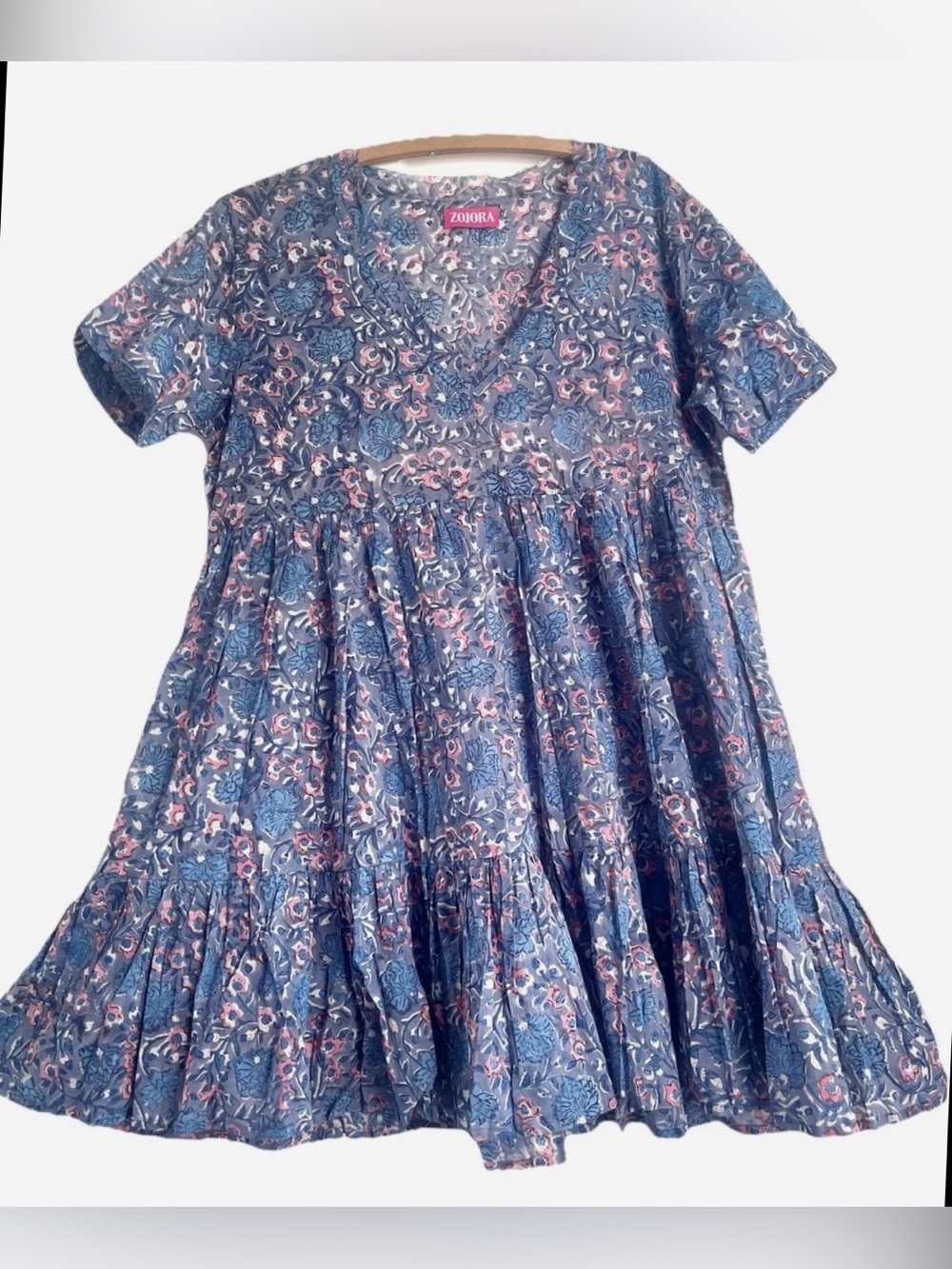 ZOJORA Tiered Dress Block Print Cotton Voile (one size) Blue Pink Floral